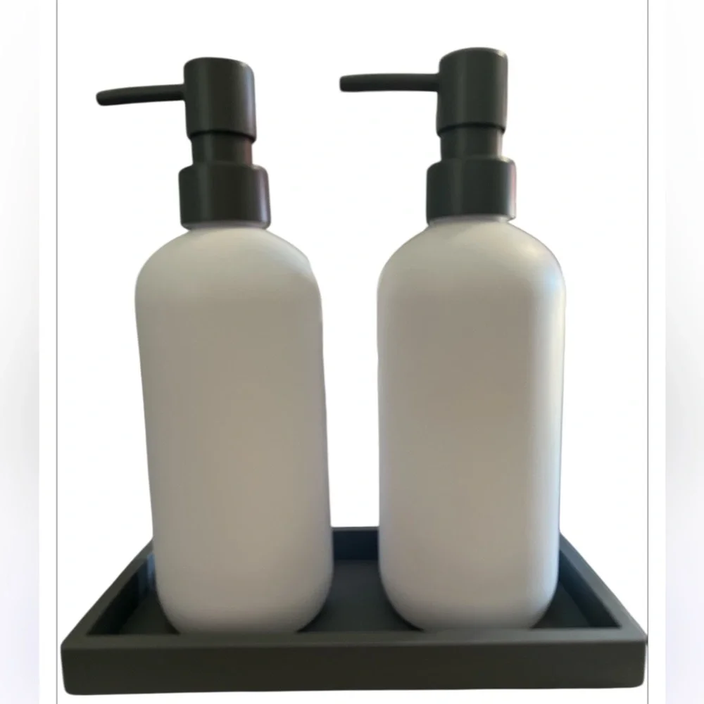 Spacewiser Shatterproof Soap Dispenser‎ Set 2 Bottles Tray Bathroom Kitchen